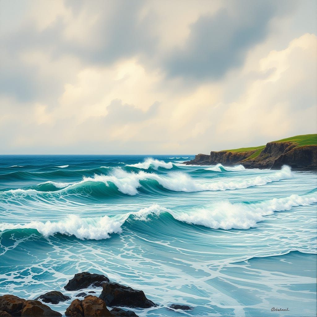 Turquoise Waves Beneath Dramatic Overcast Skies in Impressio...