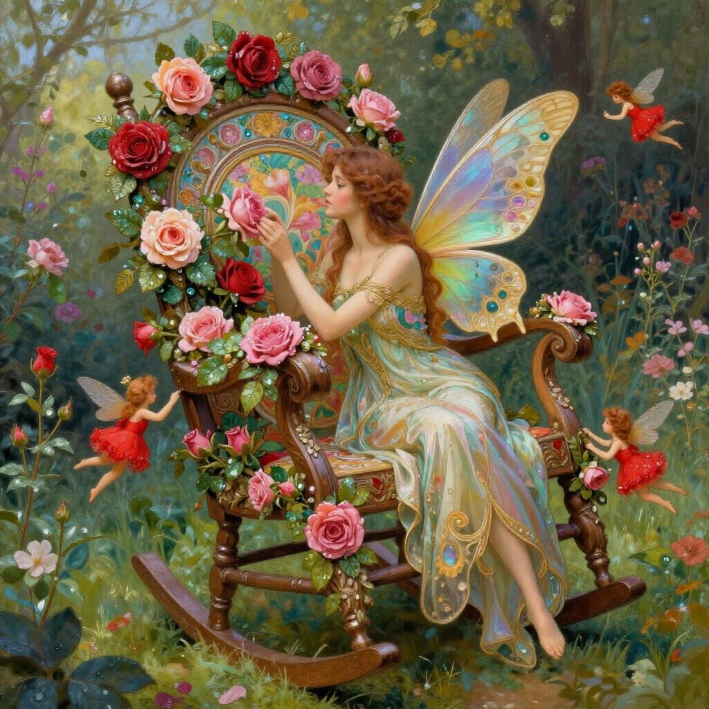 Fairy on Ornate Rocking Chair in Whimsical Garden