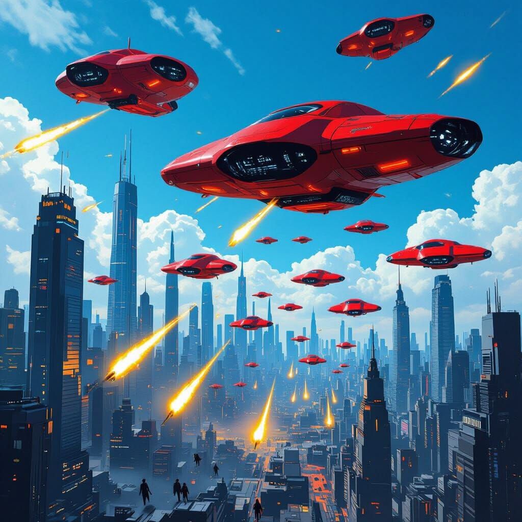 Dystopian Cityscape Under Drone Attack in Cyberpunk Style