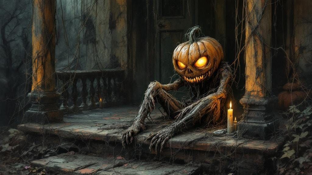 Creepy Pumpkin on Porch with Cobwebs and Candles