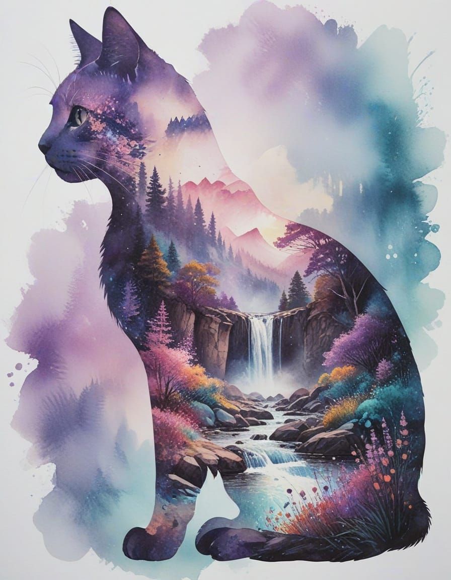 Ethereal Watercolor Double Exposure of a Cat in a Dreamlike ...
