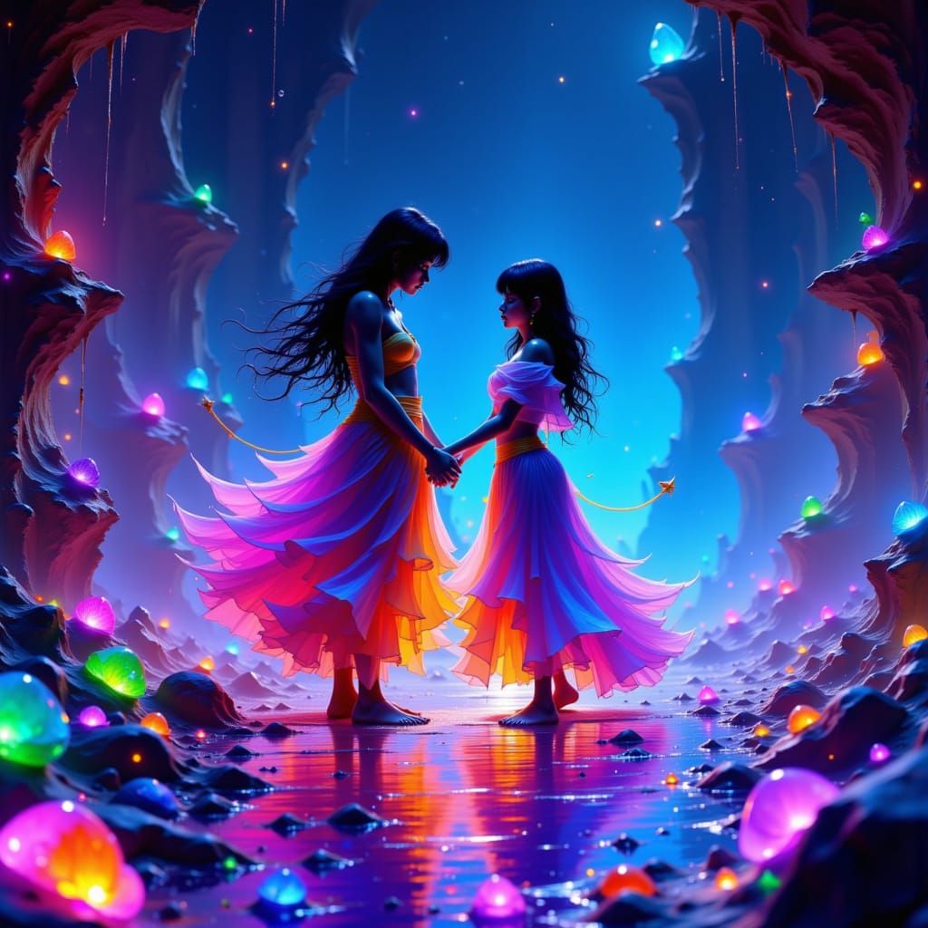 Couple Dancing Among Bioluminescent Crystals, Fantasy Art
