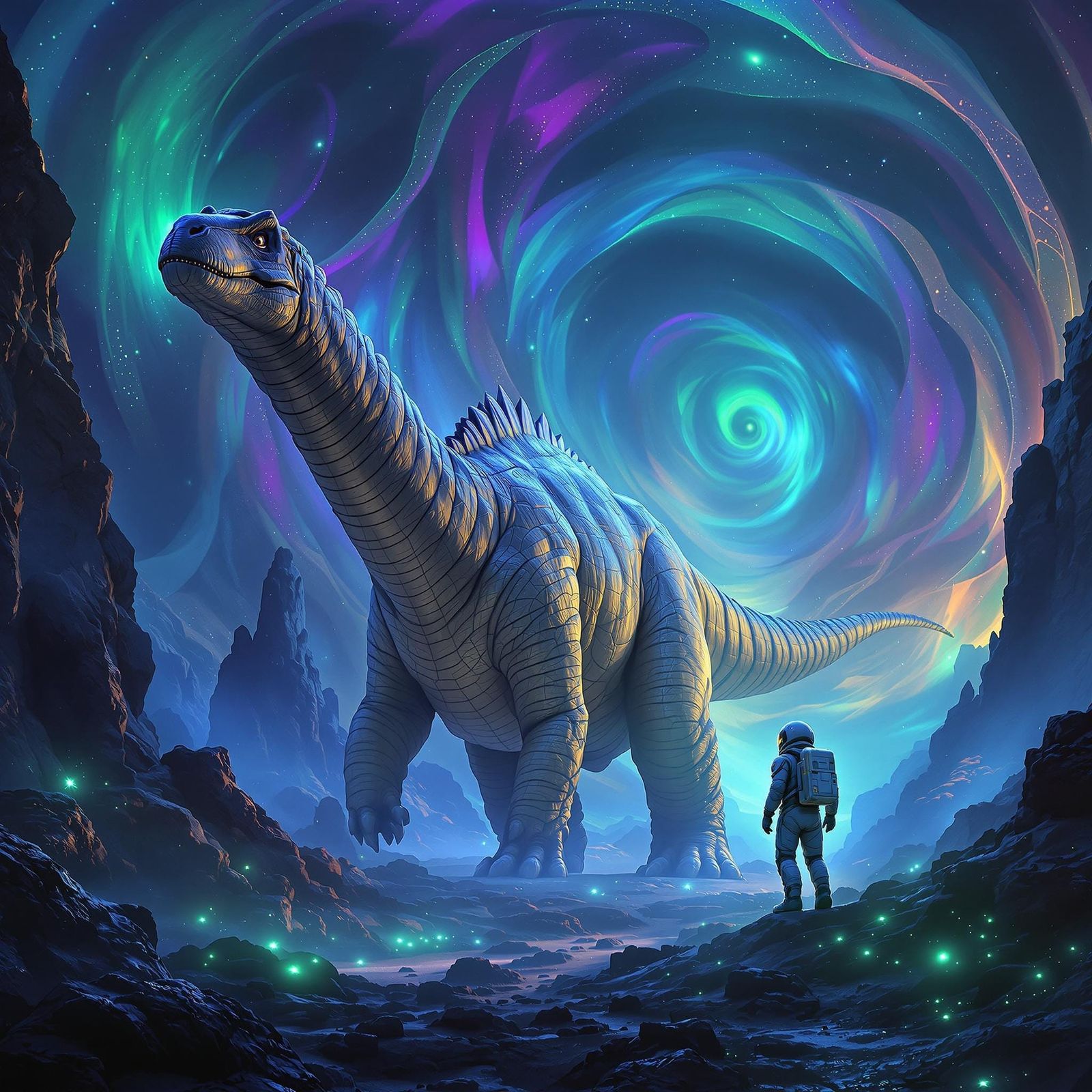 Majestic Apatosaurus Meets Astronaut in a Surreal, Dreamlike...