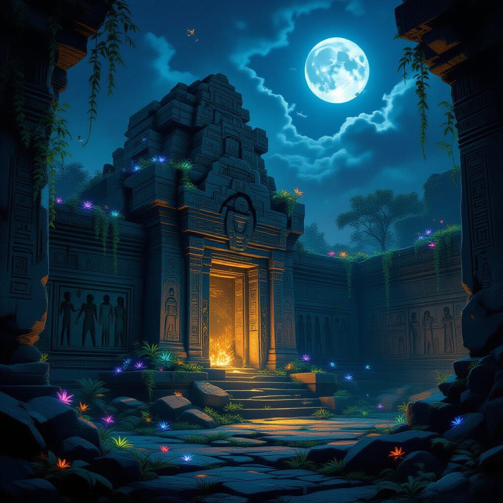 Bioluminescent Temple Under Twin Moons