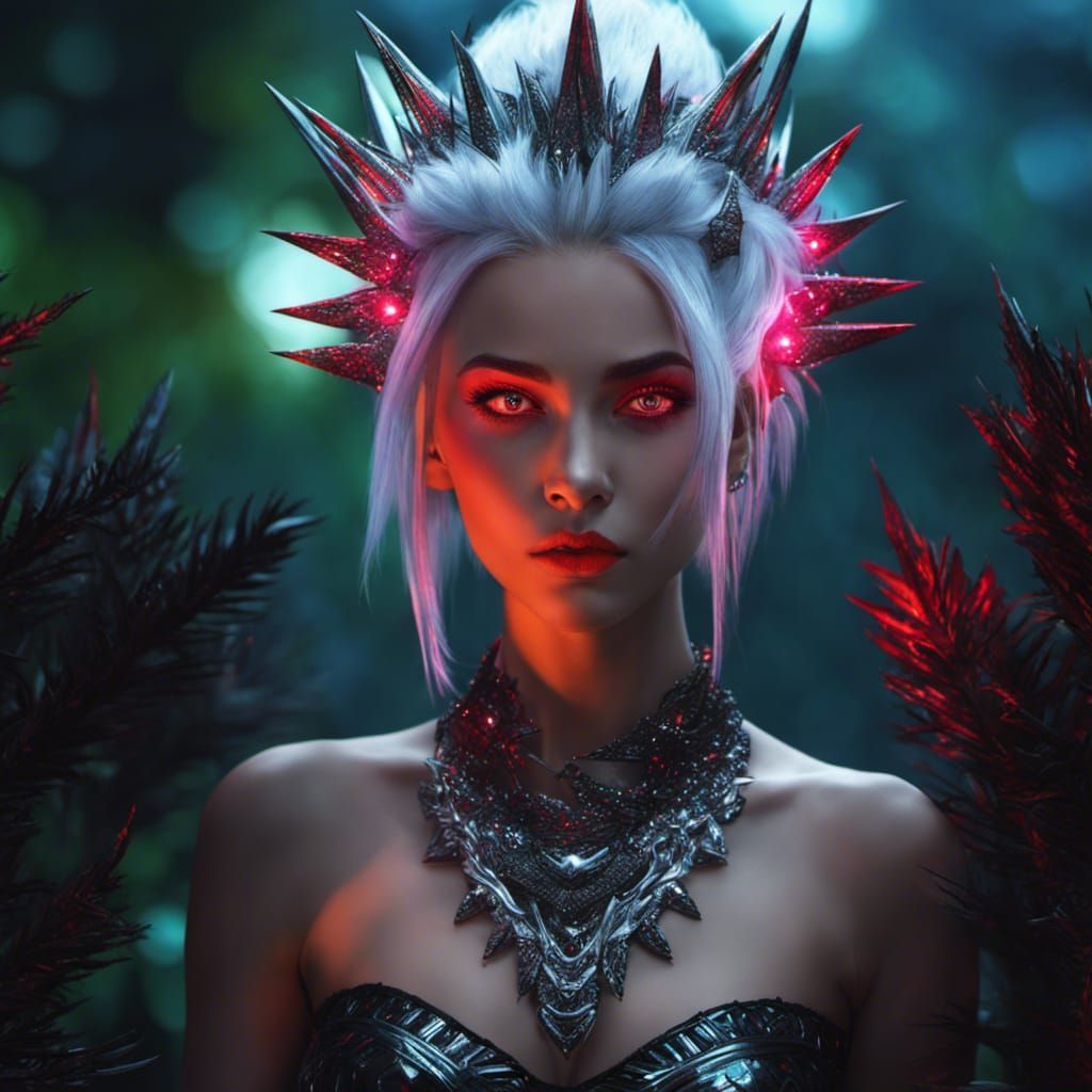 Raver Goth Girl in Neon Forest, Hyperrealistic Portrait