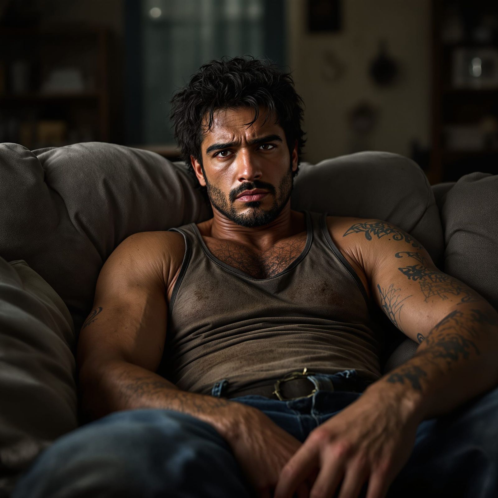 Rugged Plumber Lounges on Sofa in Moody Lighting