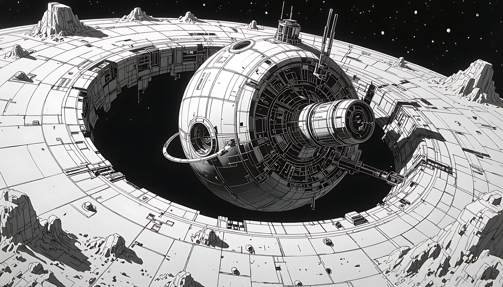 B&W Ink drawing of a fully automated mechanical planet