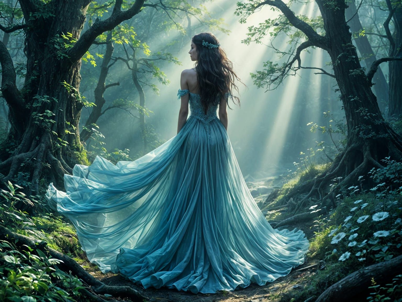 Ethereal Model in Bioluminescent Forest