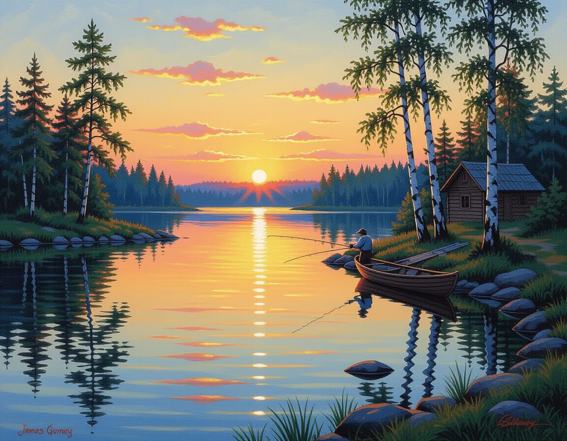 Sunset Lake with Birch Trees and Fisherman