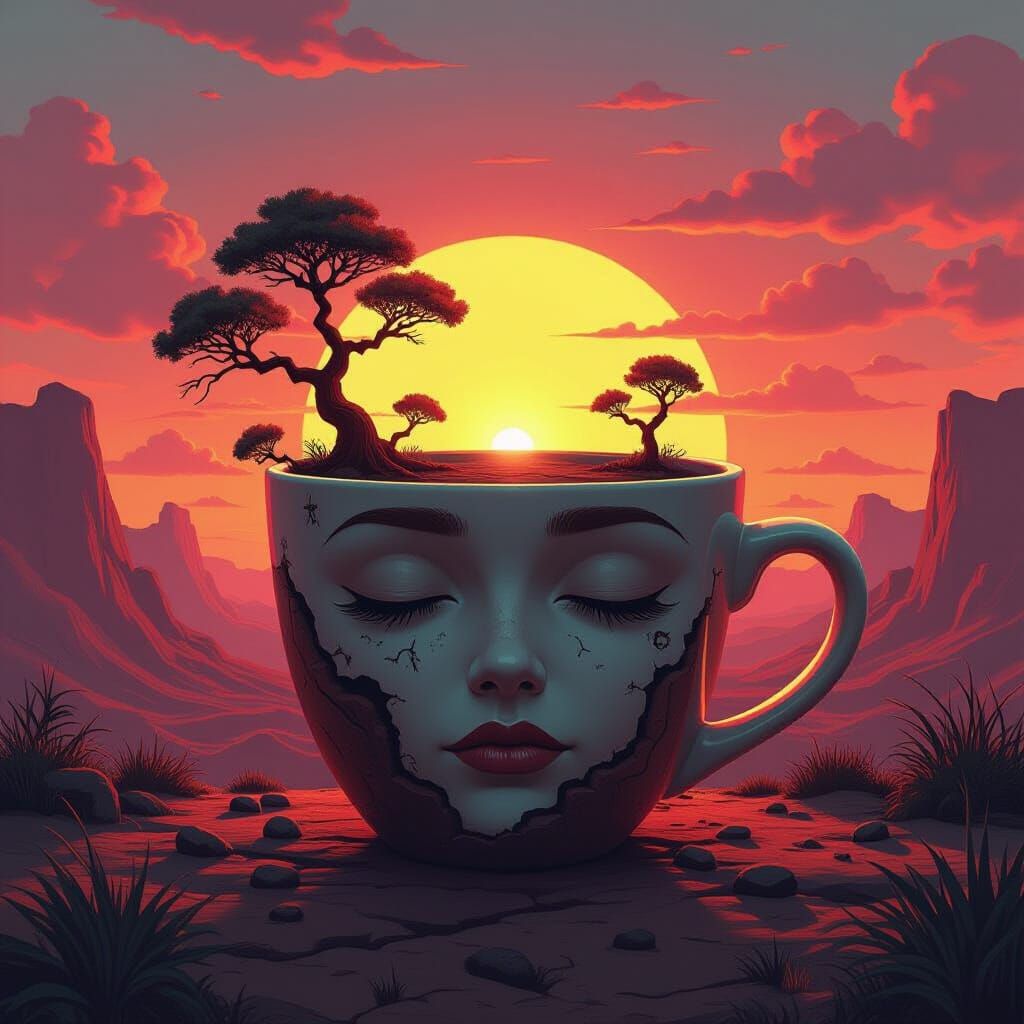 Surreal Landscape Face Inside Coffee Cup