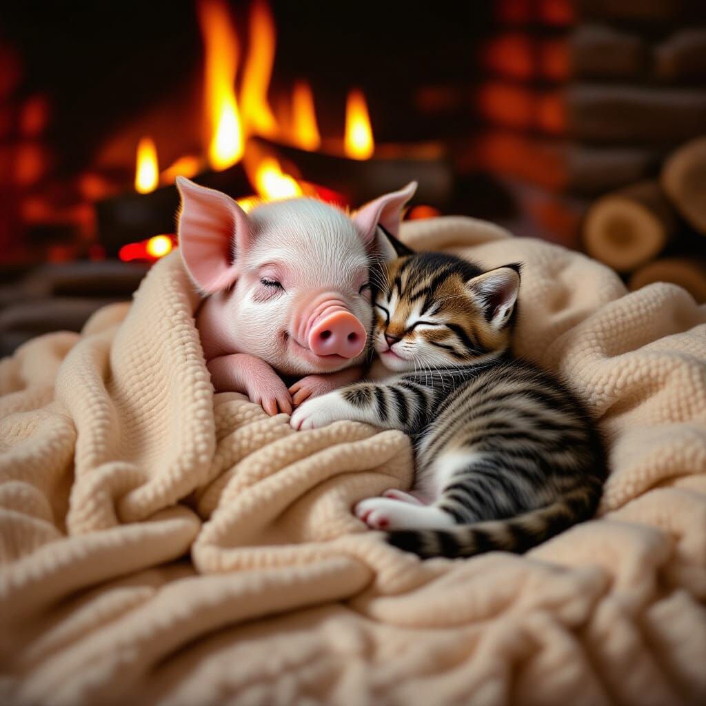 Sleeping Piglet and Kitten by Fireplace