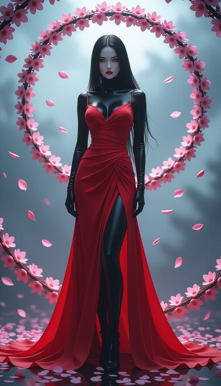 Noir Figure in Red Gown with Cherry Blossoms