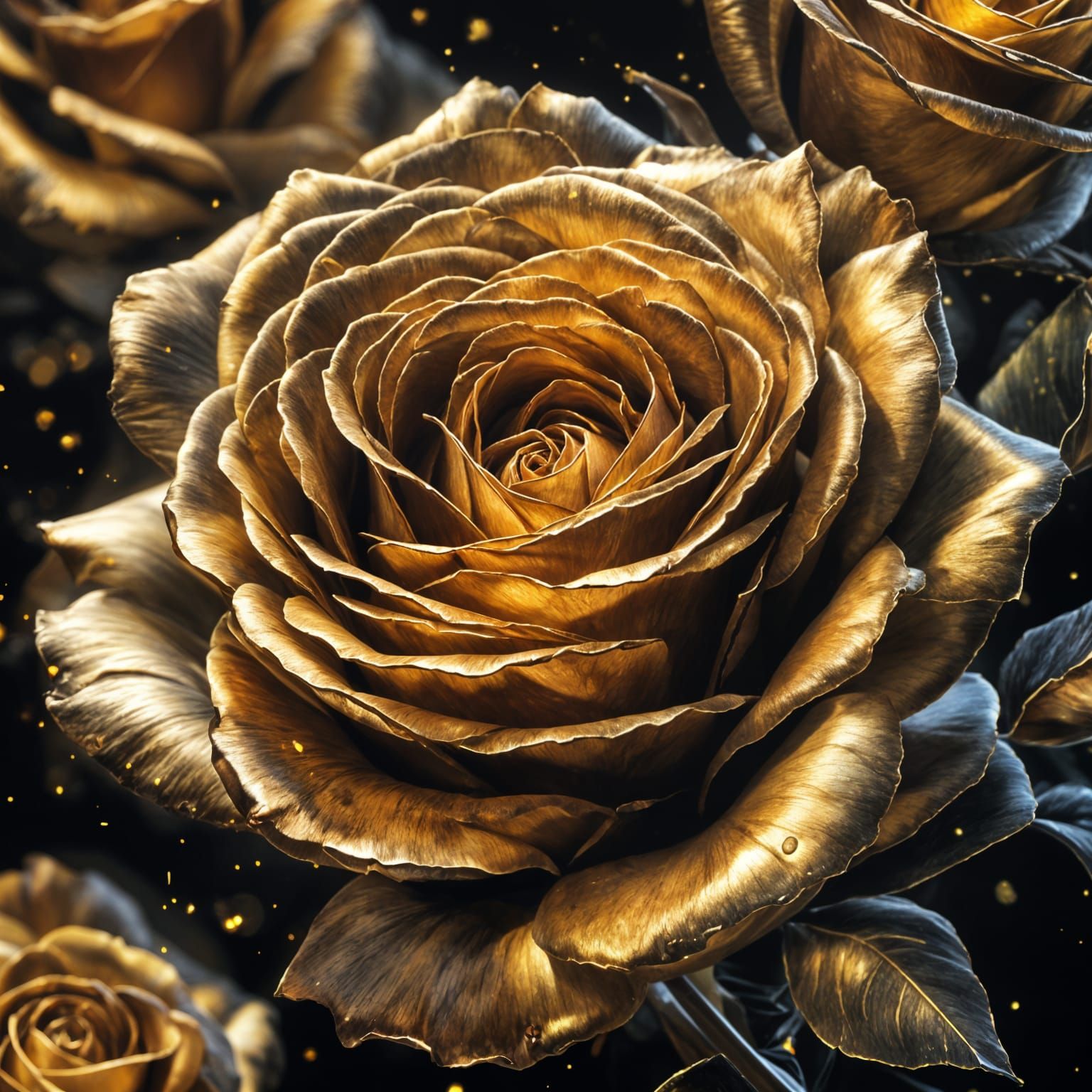 Hyper-realistic Black and Gold Rose in Oil Painting Style