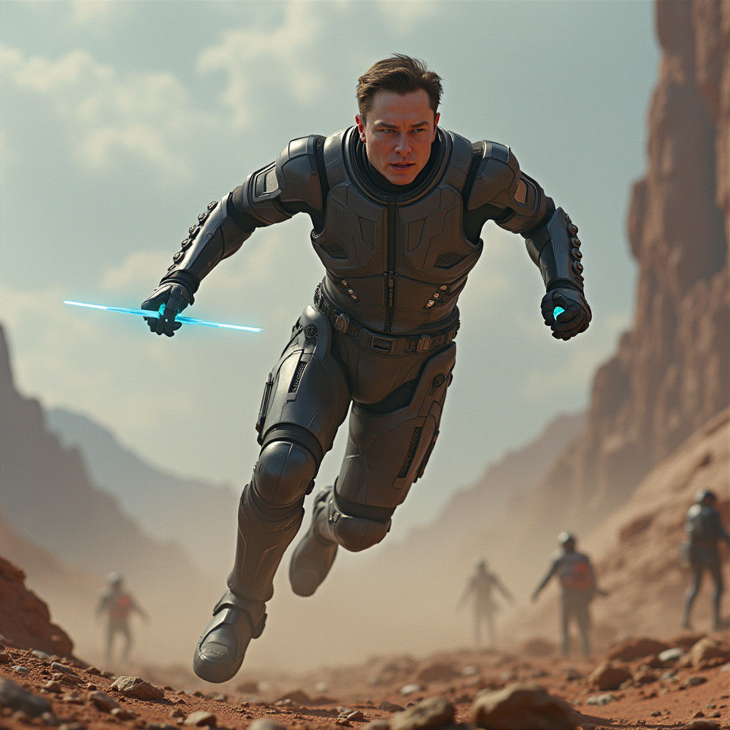 Elon Musk in Exosuit Soars in Futuristic Battle