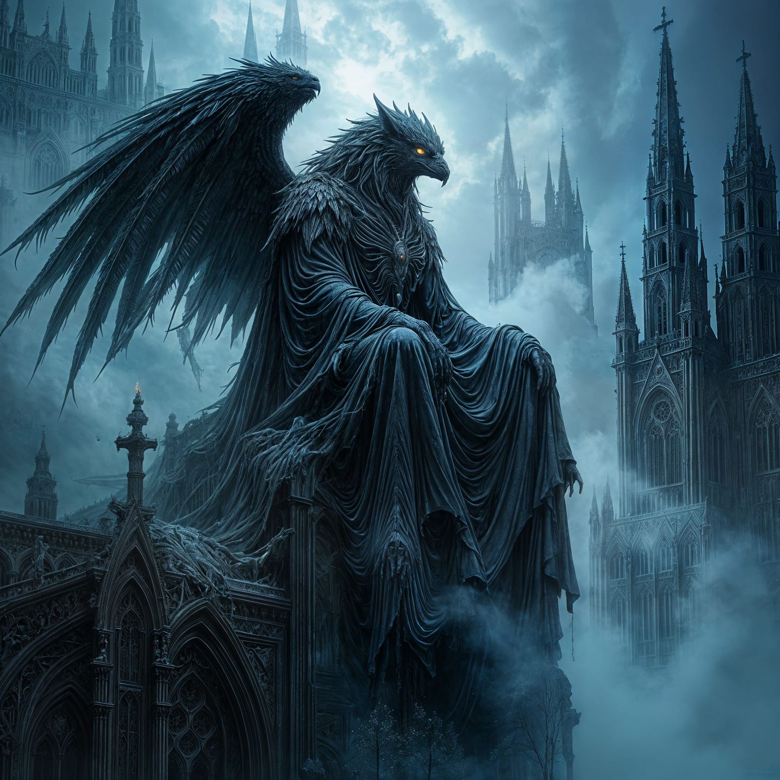 Spectral Griffin on Gothic Cathedral in Haunting Style