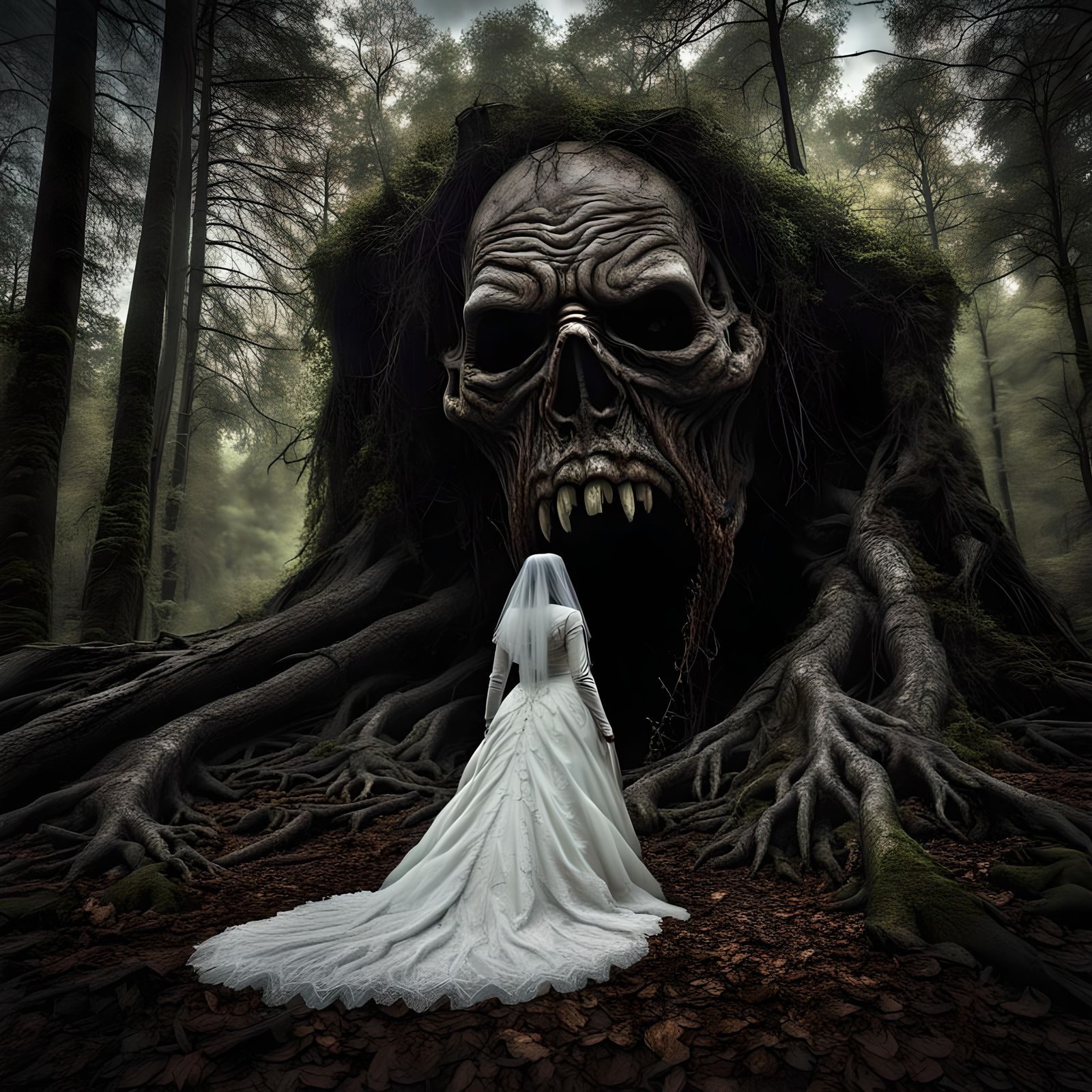 Rotted Ghoul Bride Emerges from Dark Forest