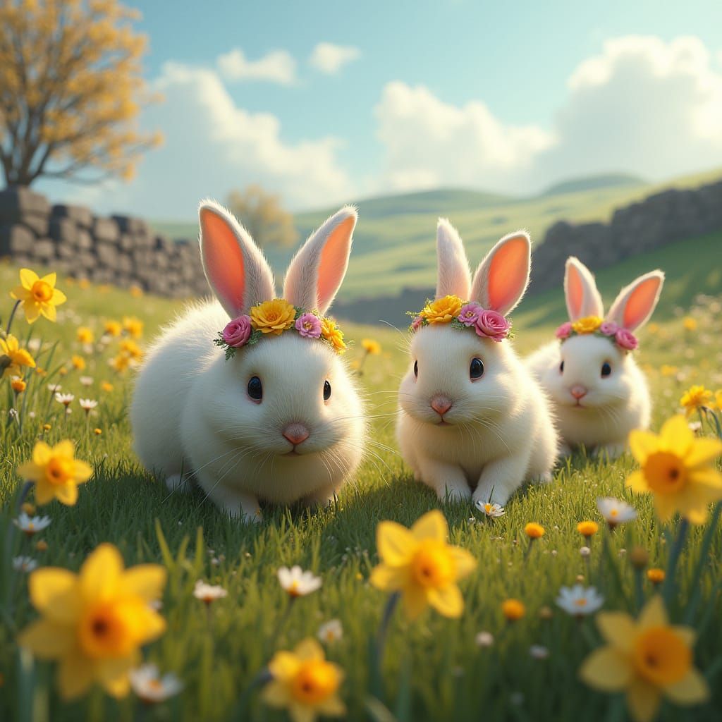 Whimsical Welsh Countryside Scene with Fluffy Bunnies and Da...