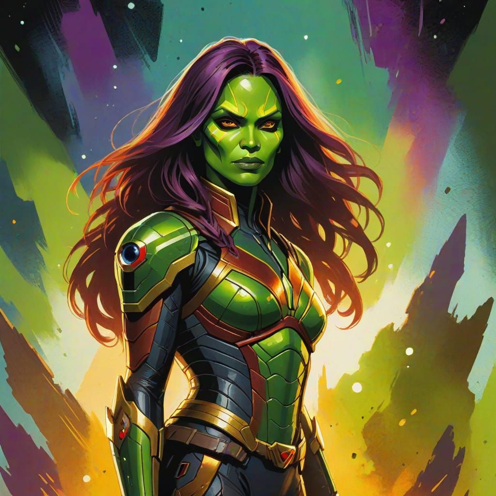 Gamora Portrait in Gouache with Detailed Armor