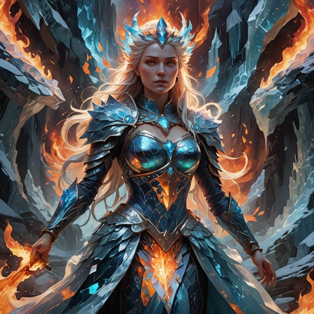 Ice and Fire Goddess in Vibrant Oil Painting