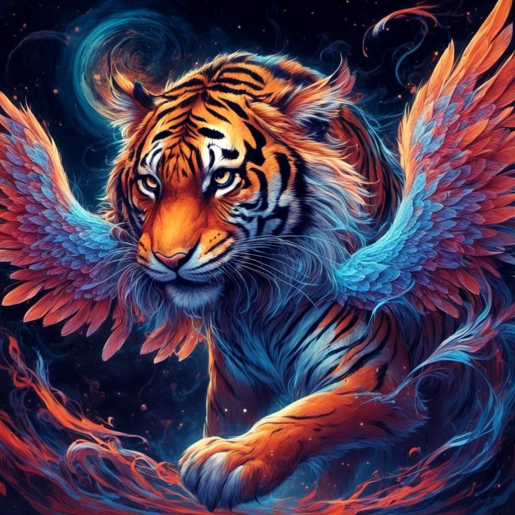 Winged Tiger in Flight Under Night Sky