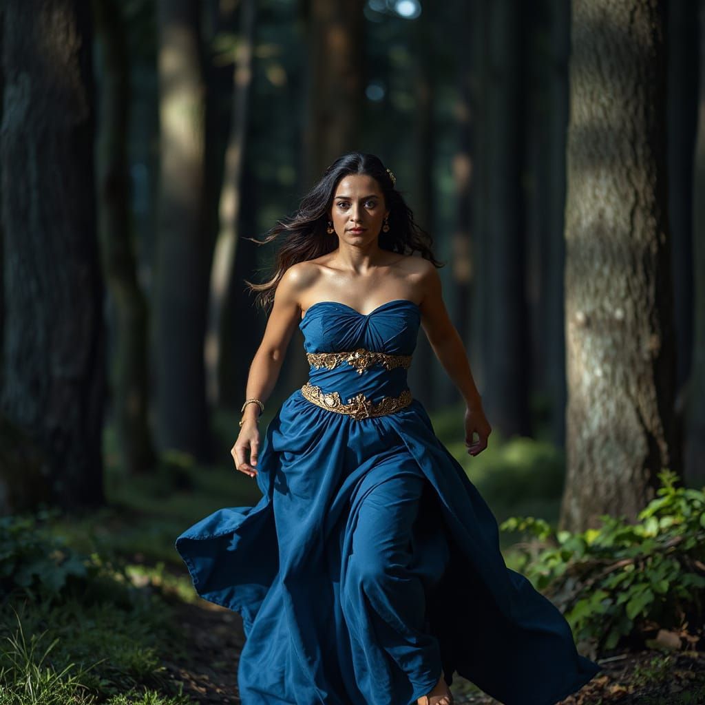Grecian Princess Runs Through Forest, Cinematic 35mm Film