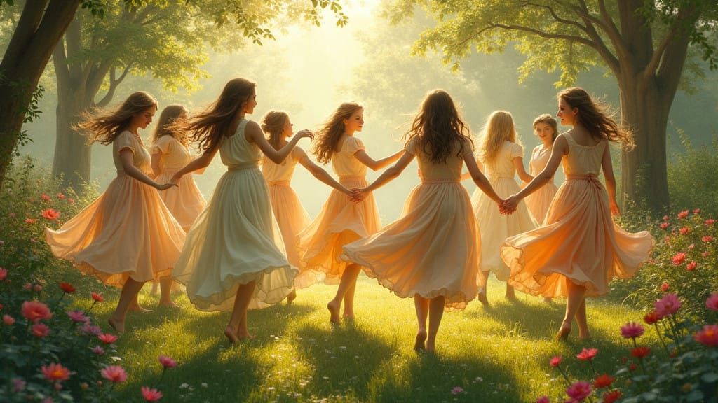 Whimsical Ladies Dancing in a Fantastical Garden