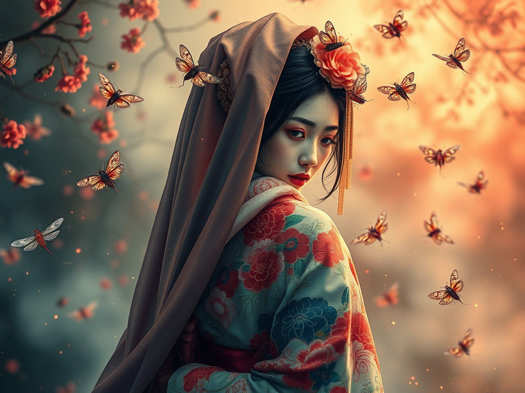 Mysterious Bride in Japanese Garden as Digital Art