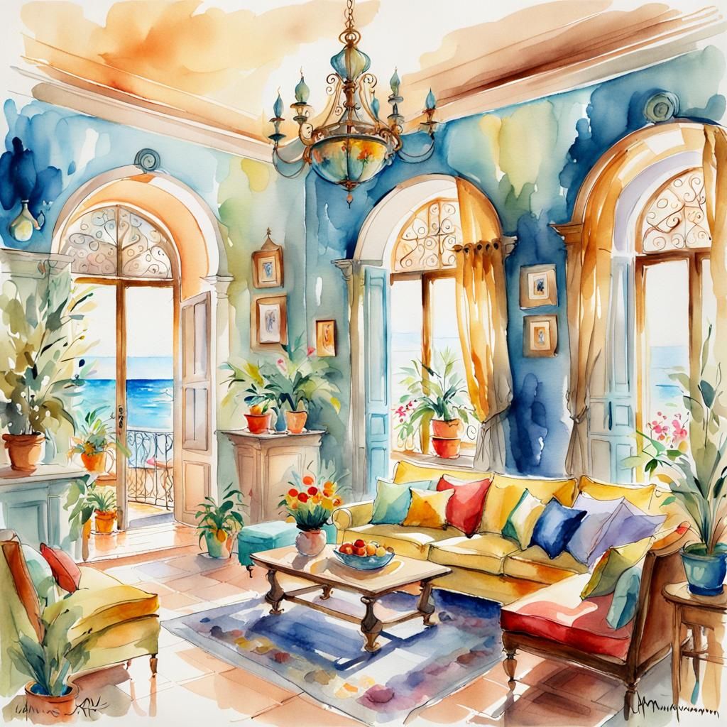 Cosy Mediterranean Living Room in Watercolor Style
