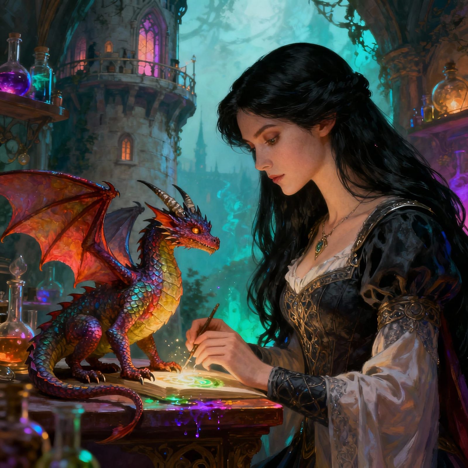 Medieval Princess Studies Sorcery With Dragon Companion