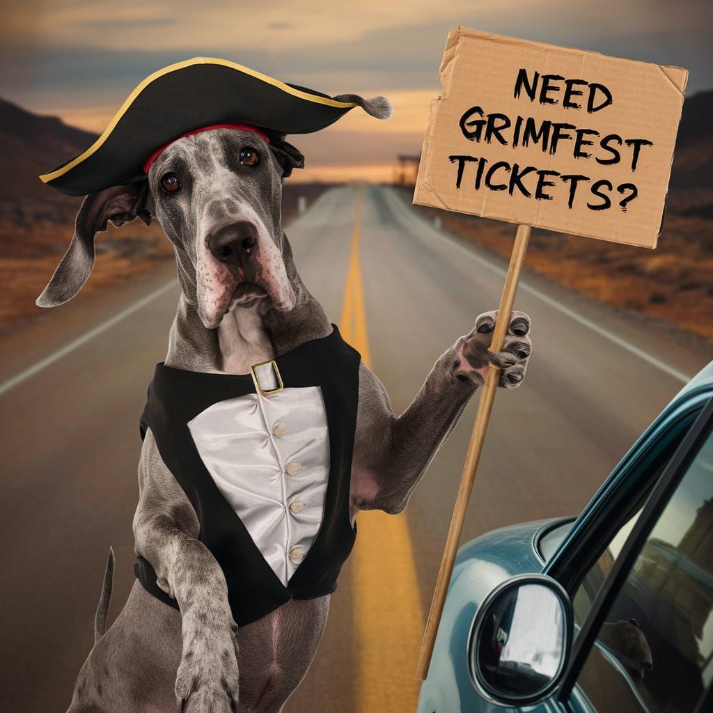 Pirate Great Dane Hitchhiking to Grimfest