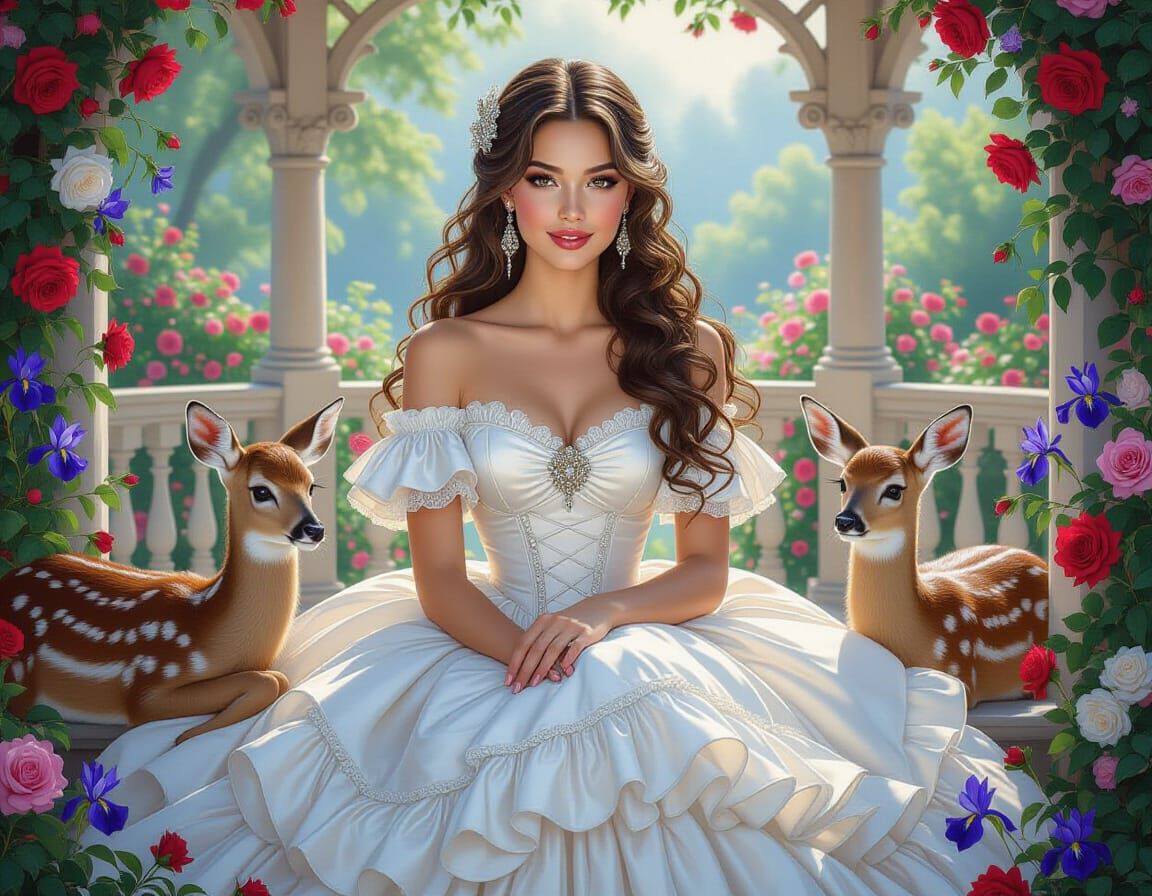 Elegant Woman in Floral Gown with Fawn by Gazebo