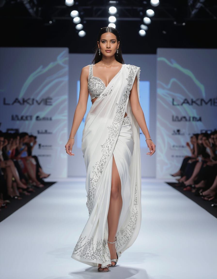 Model Struts Glamorous Runway in Embellished Black Saree