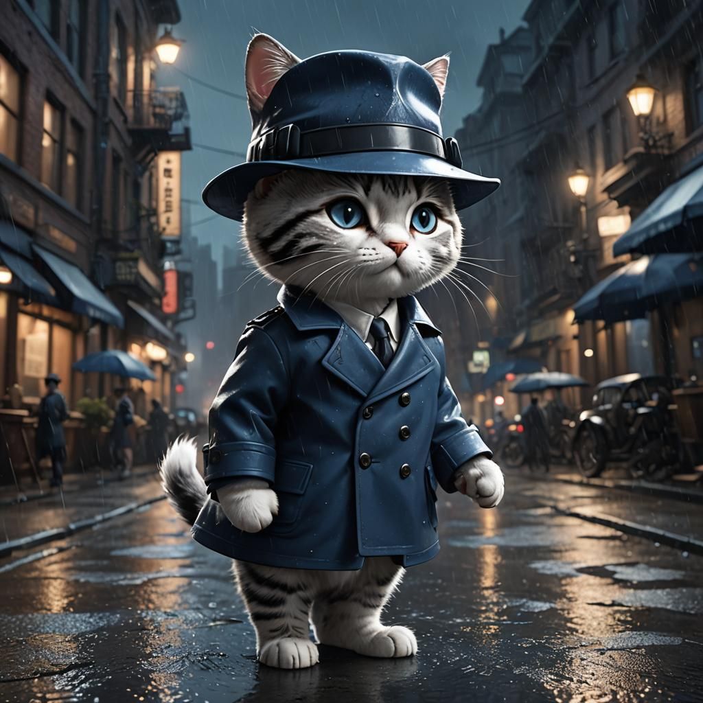 Noir Detective Kitty in Rainy Cityscape