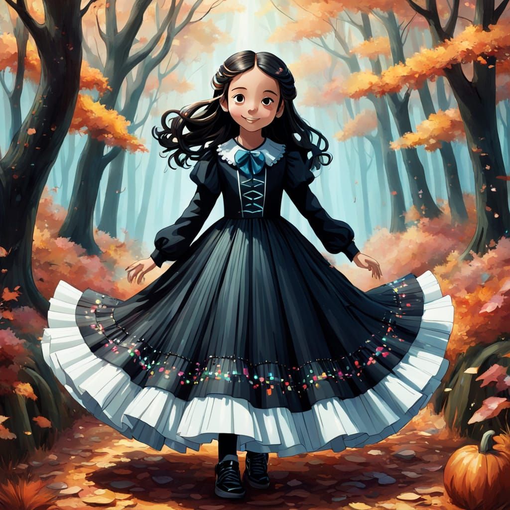 Whimsical Autumn Girl in Piano Key Dress with Magical Accent...