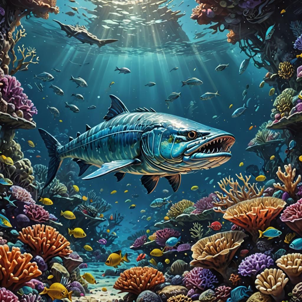 Giant Barracuda Over Coral Reef, Comic Book Art