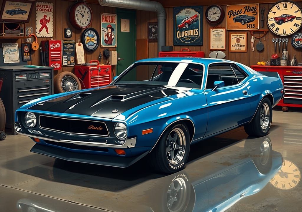 Classic Muscle Car in Retro Garage