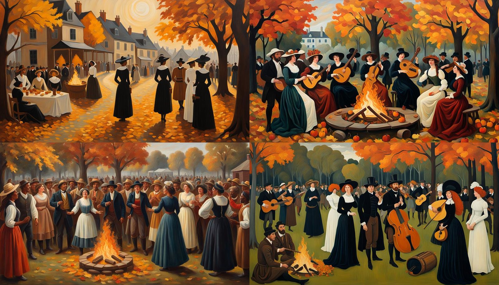 Autumn Bonfire Party in Neoclassical Oil Painting