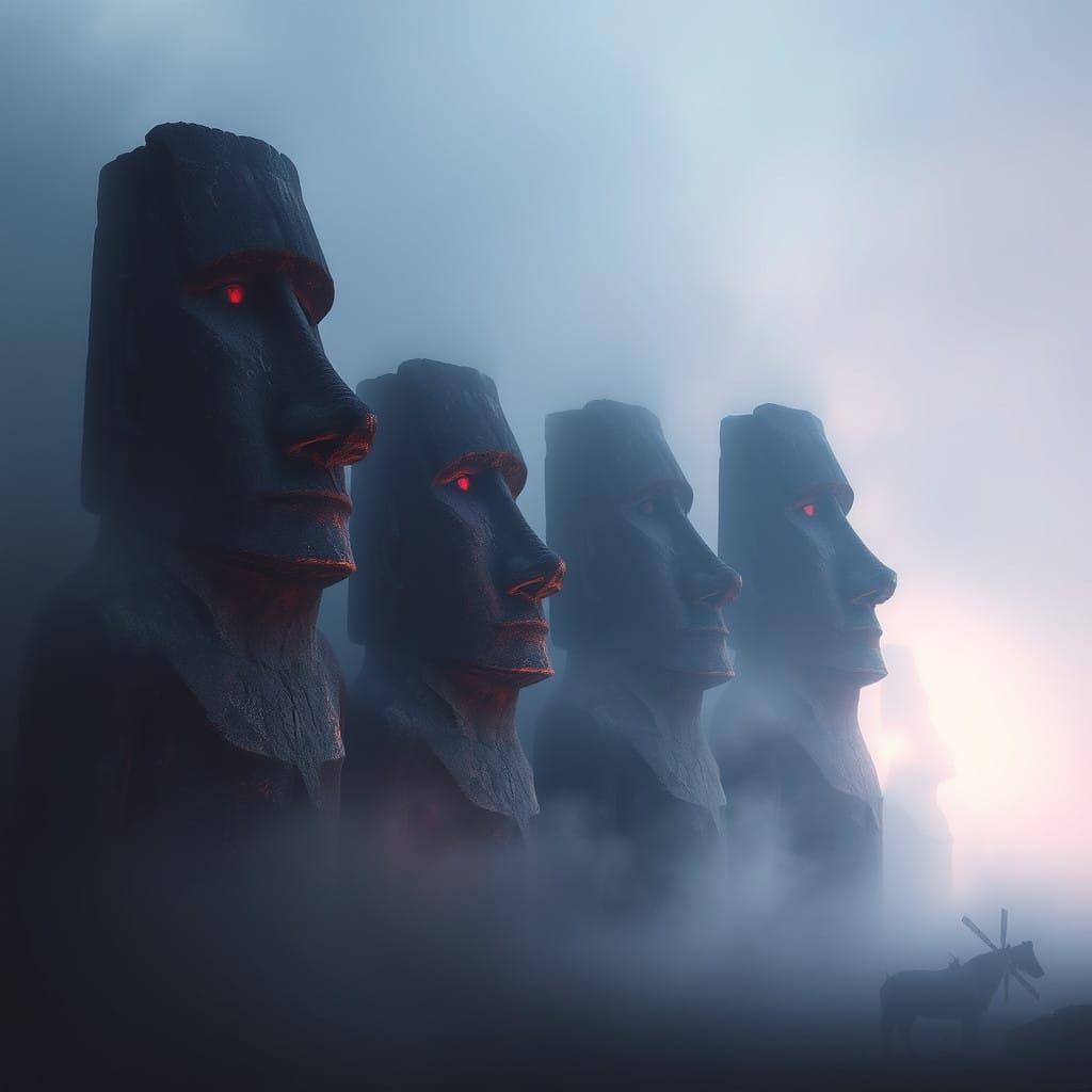 Moai Statues in Cyberpunk Dystopia