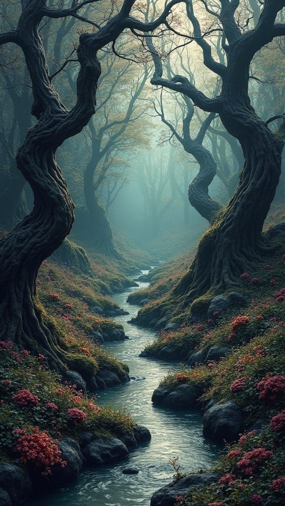 Mystical Goth Garden in Fractal Zentangle Style