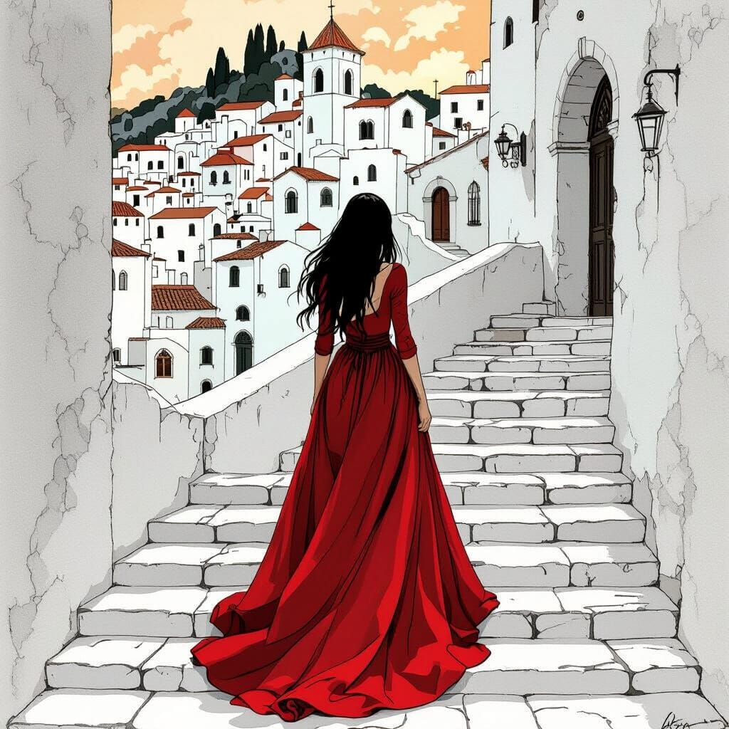 Medieval Woman Descends White Stairs in Colorful Chiaroscuro