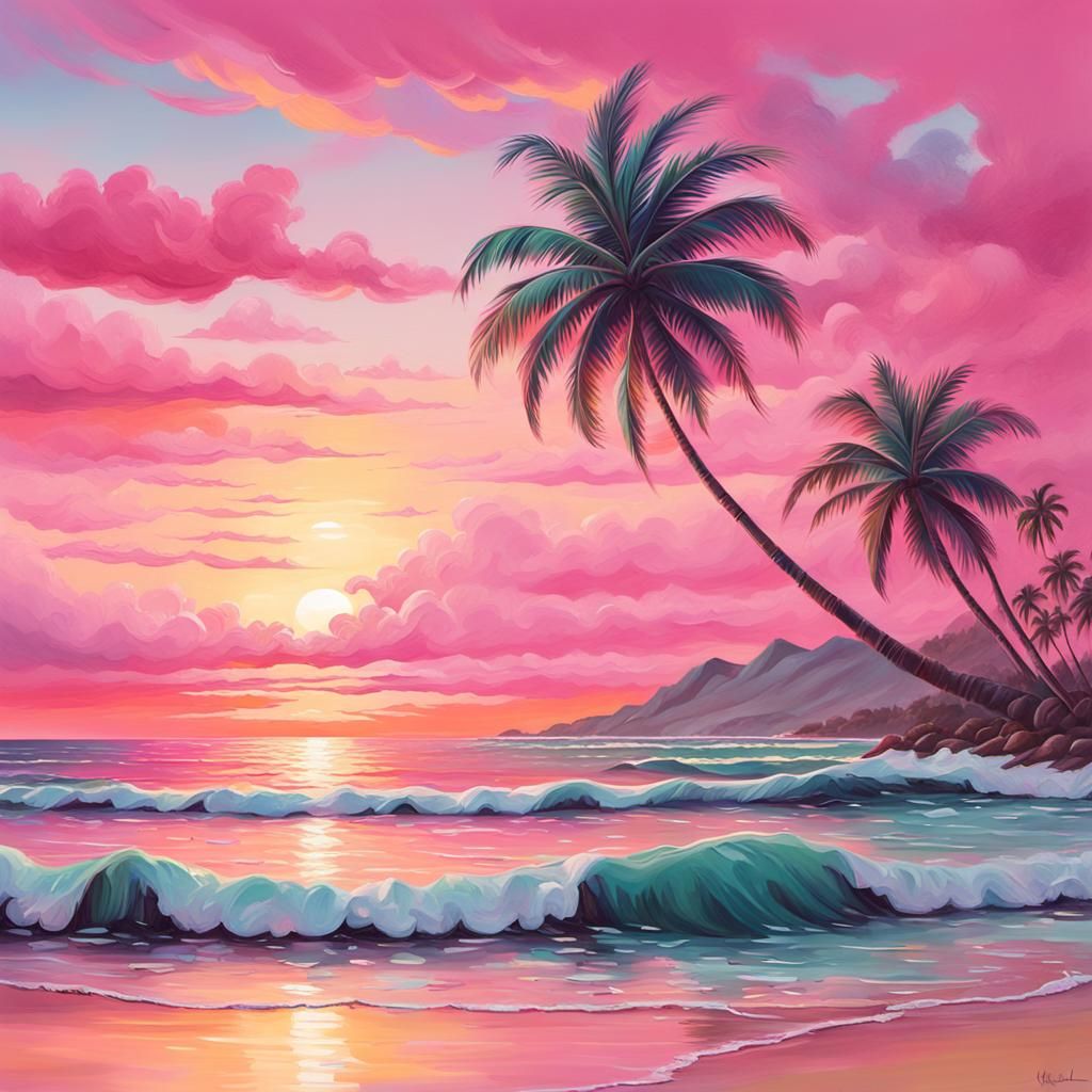 Pink Sunset Over Ocean Beach: Hyper-Realistic Oil Painting