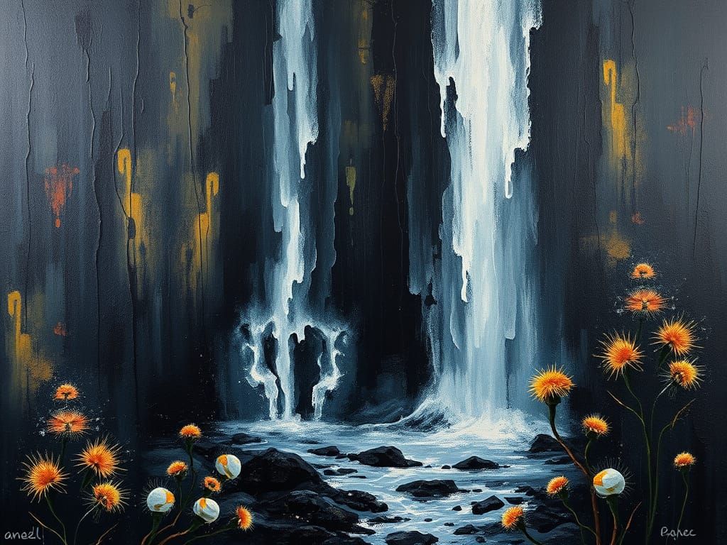 Dark and Intricate Waterfall in Geometric Abstraction Style