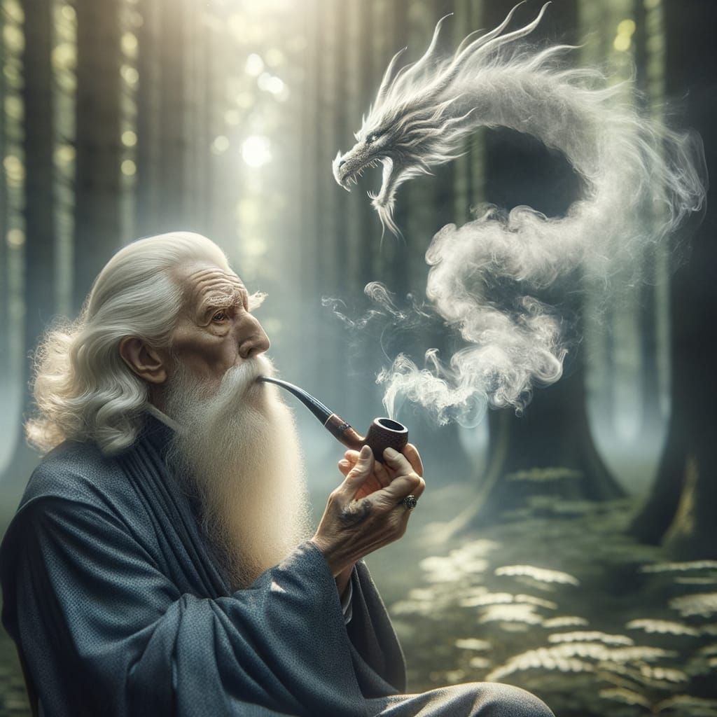 Elderly Wizard's Dragon Smoke in Forest Clearing