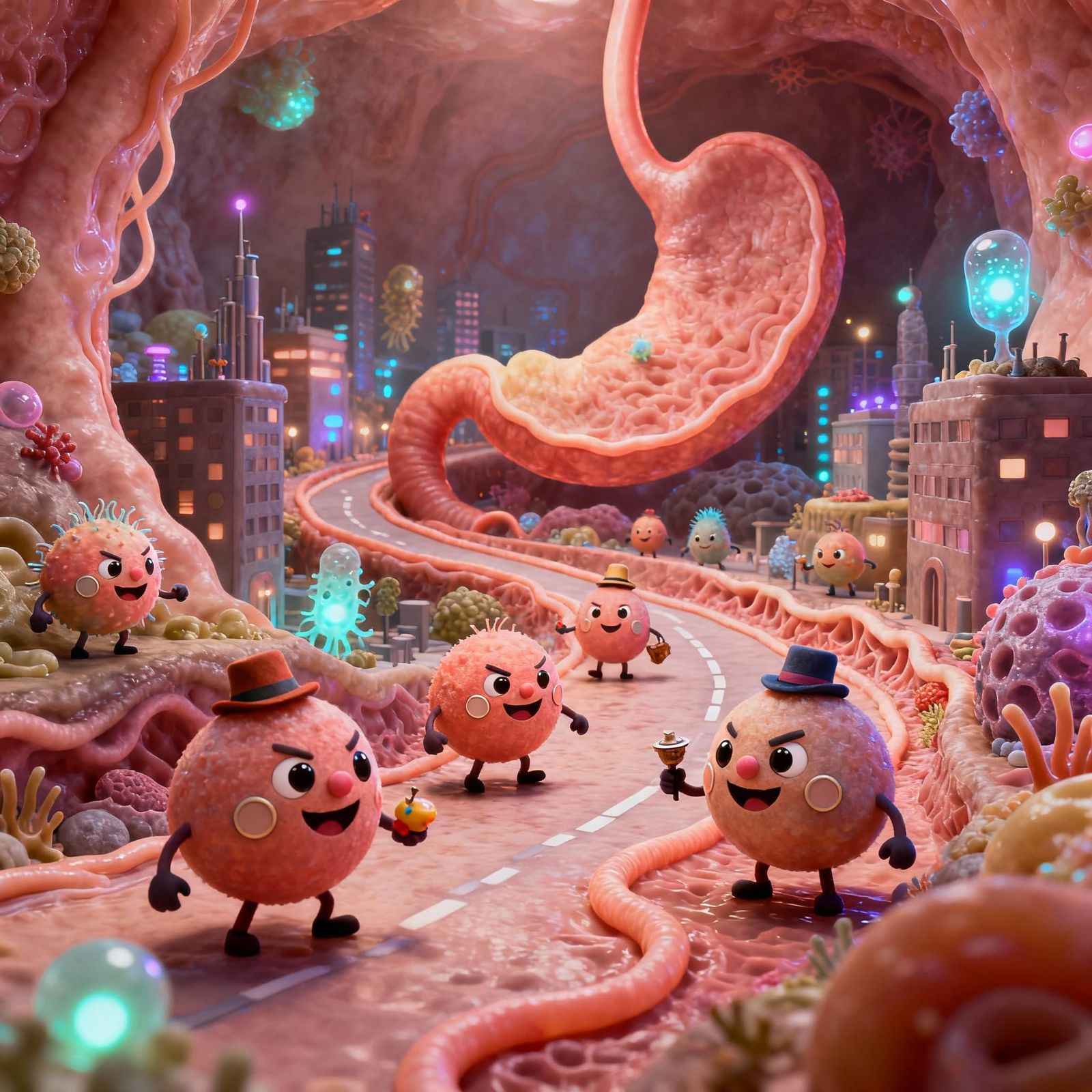 Silly Microbe City in Stomach, Pixar CGI Style