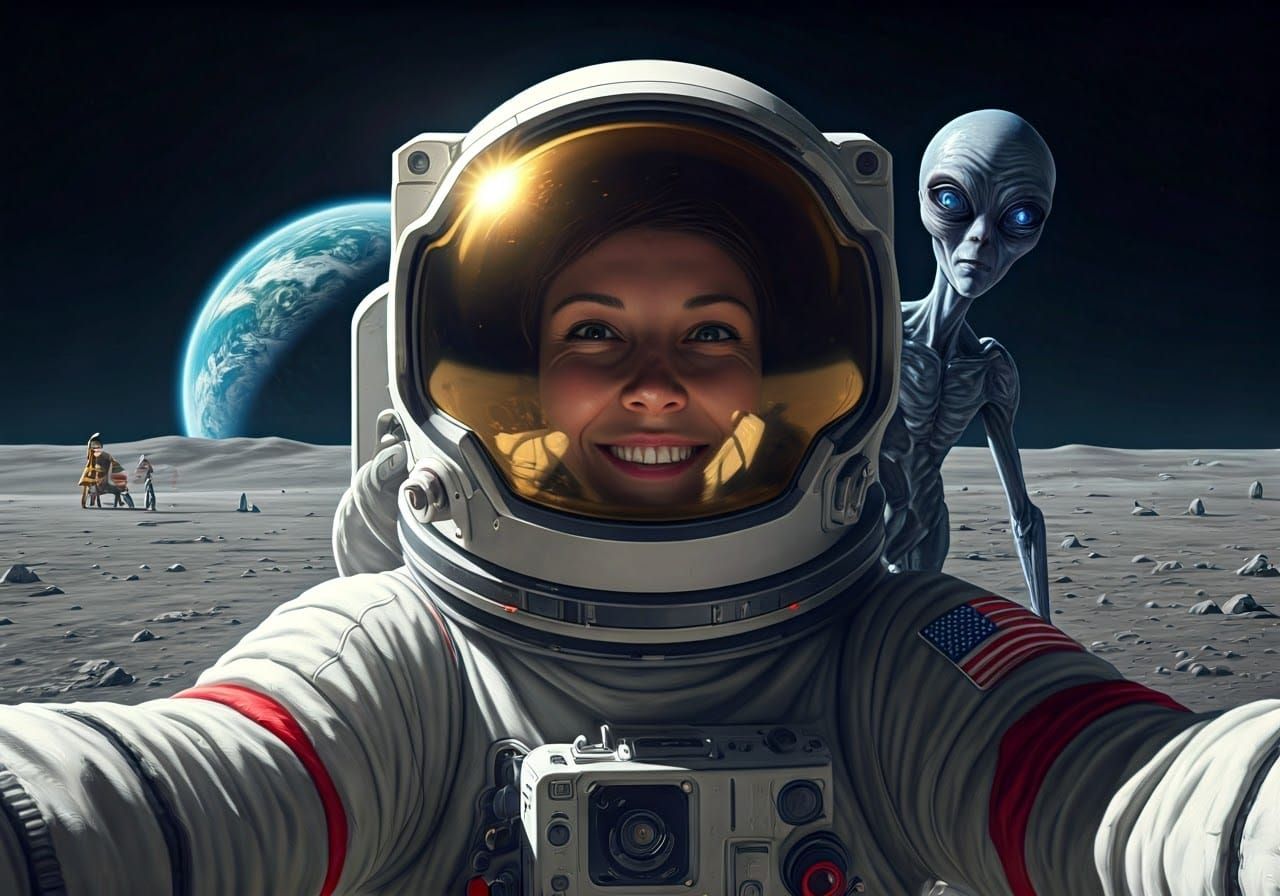 Astronaut Selfie on Moon with Alien: Sci-Fi Art