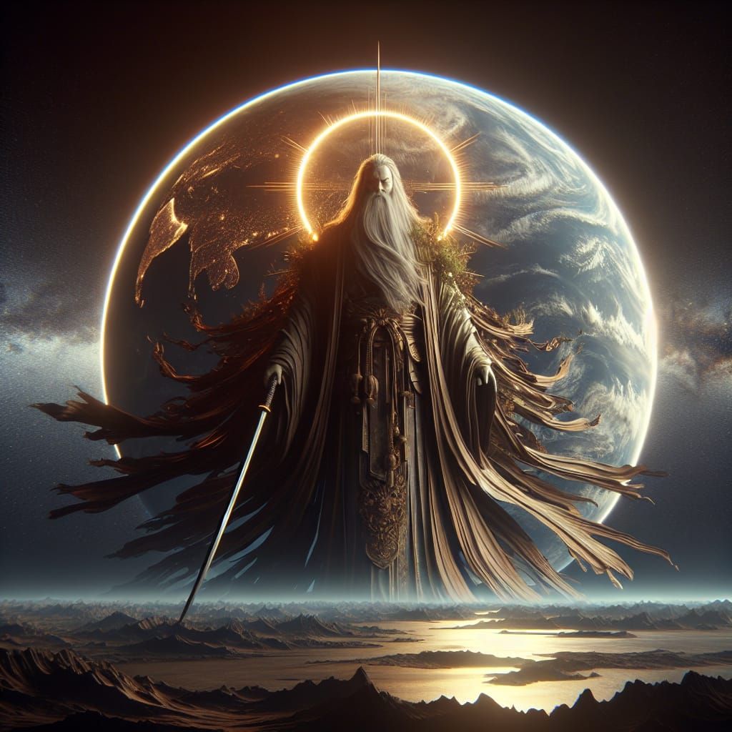 Towering God-Like Figure with Black Sword Digital Art