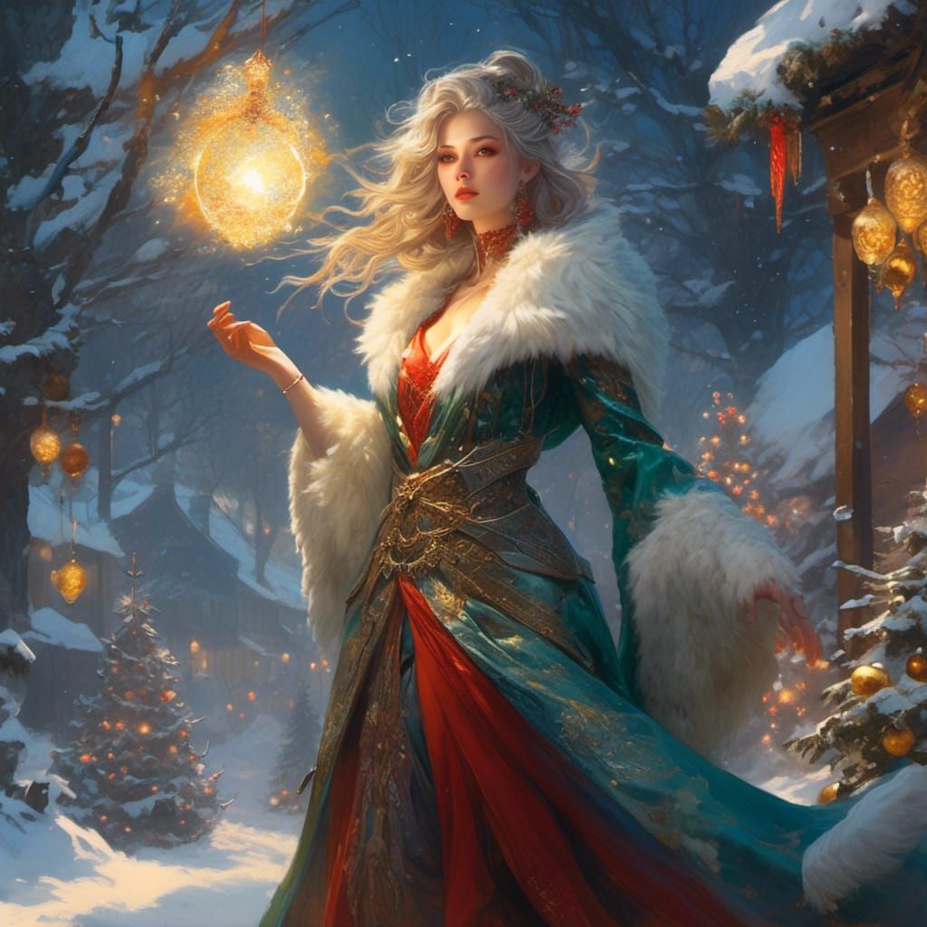 Ethereal Yuletide Sorceress in Hyperreal Style