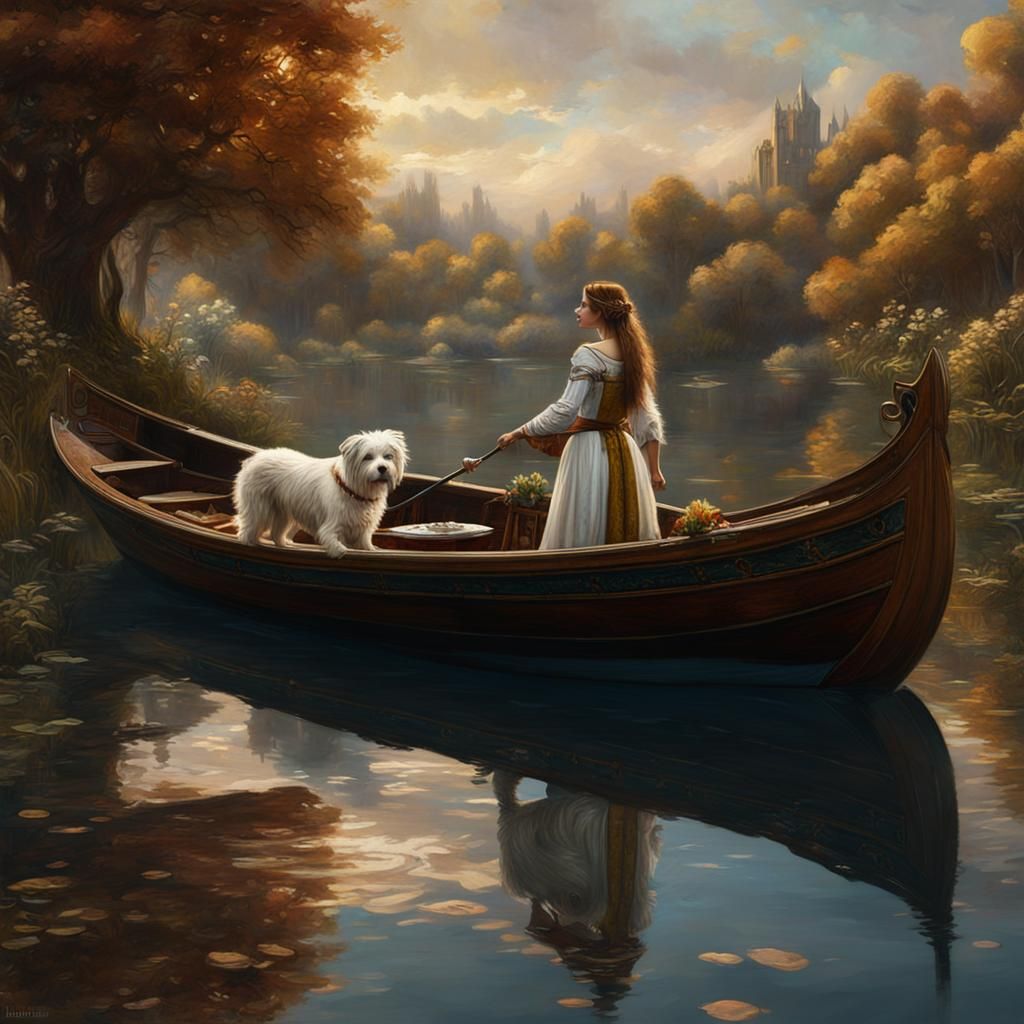 Lady of Shalott with Dog, Detailed Fantasy Art