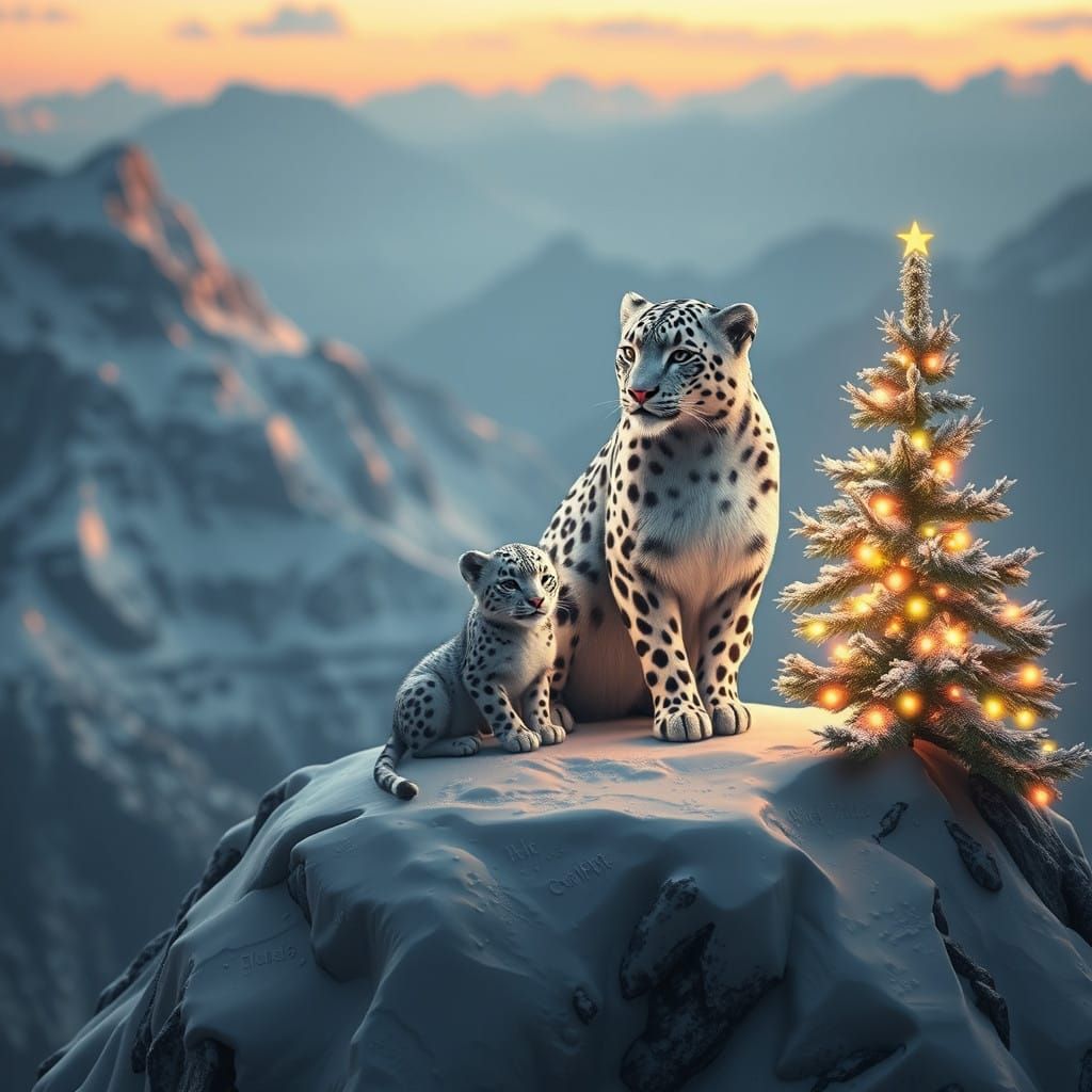 Snow Leopard and Cub Adorned Christmas Tree on Mountain Summ...