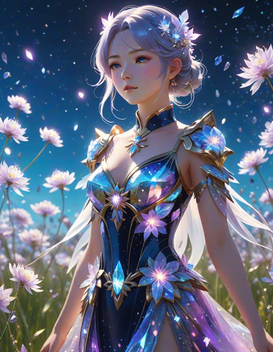 Stardust Woman in Crystal Flower Field: Anime Art